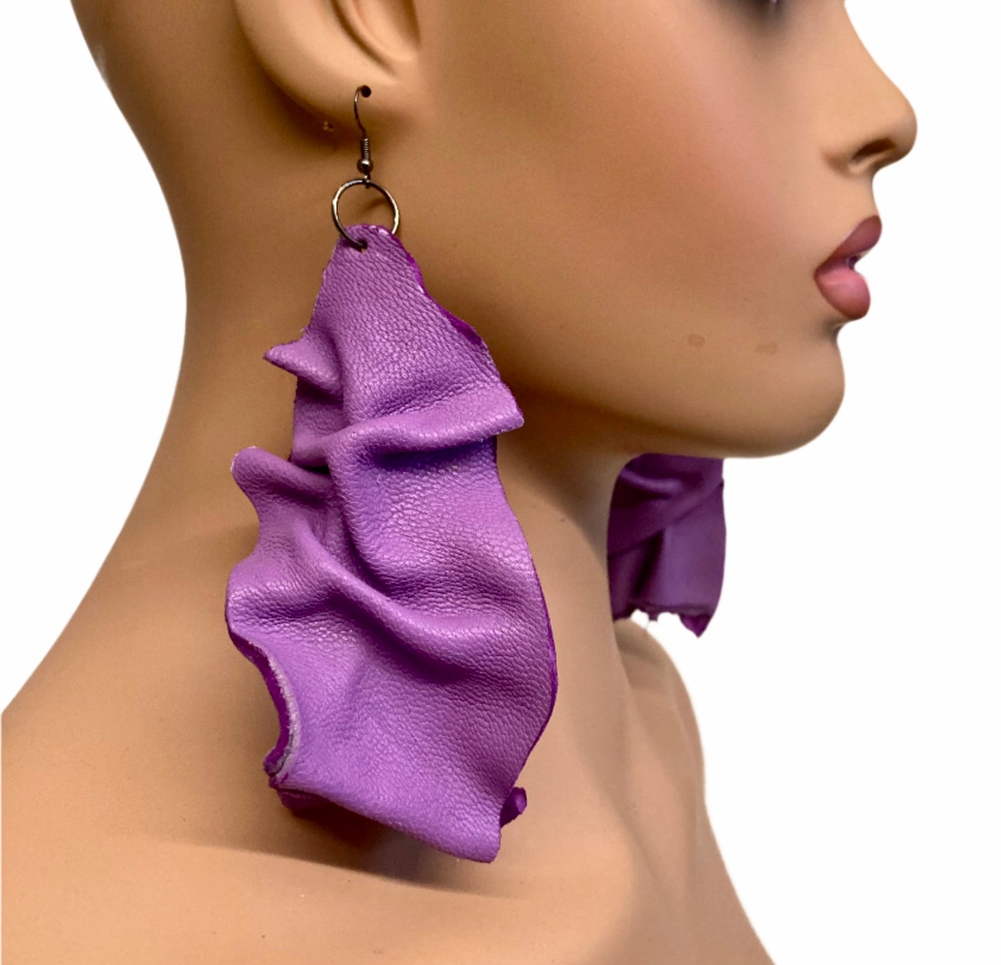 PURPLE LEATHER CRINKLET EARRINGS