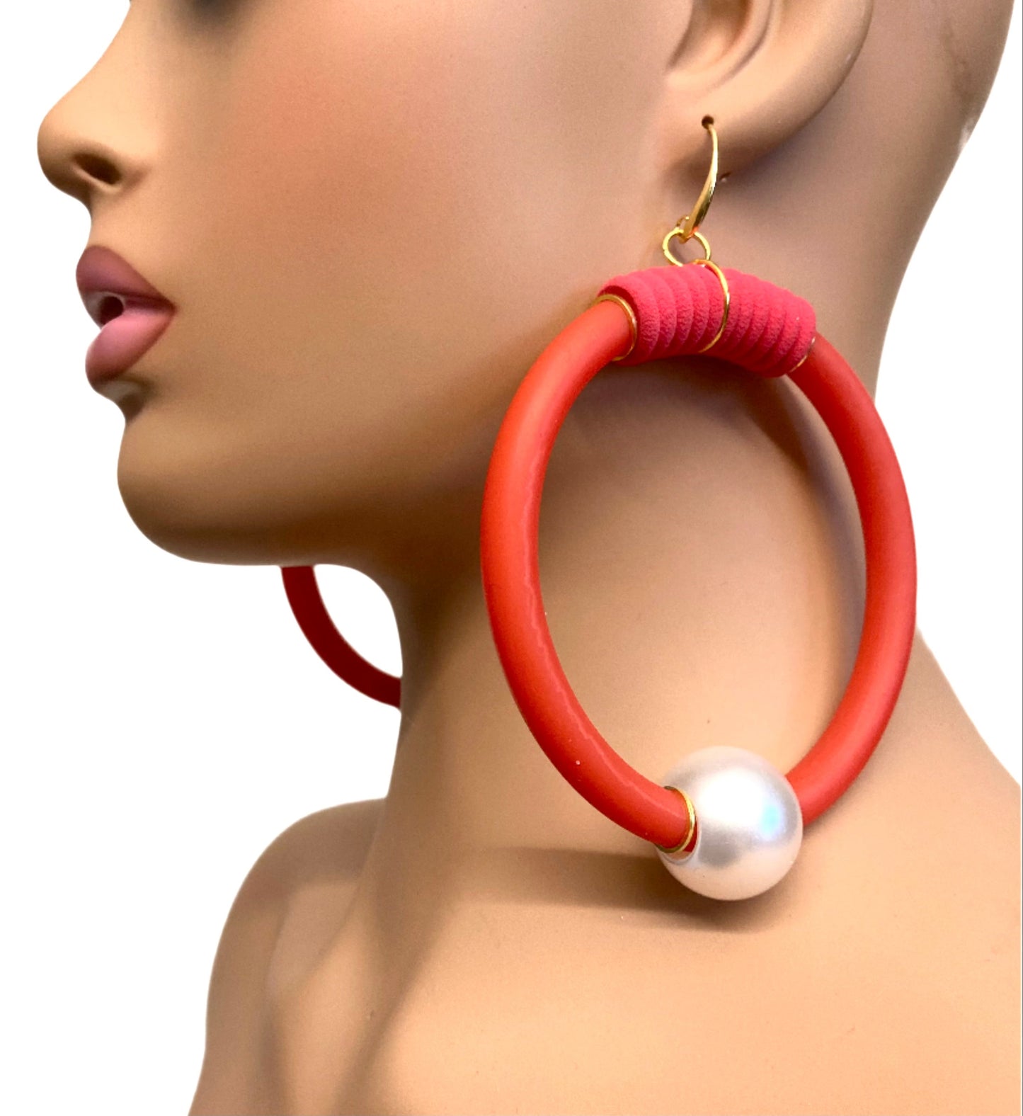 RED LATEX HOOPX EARRINGS